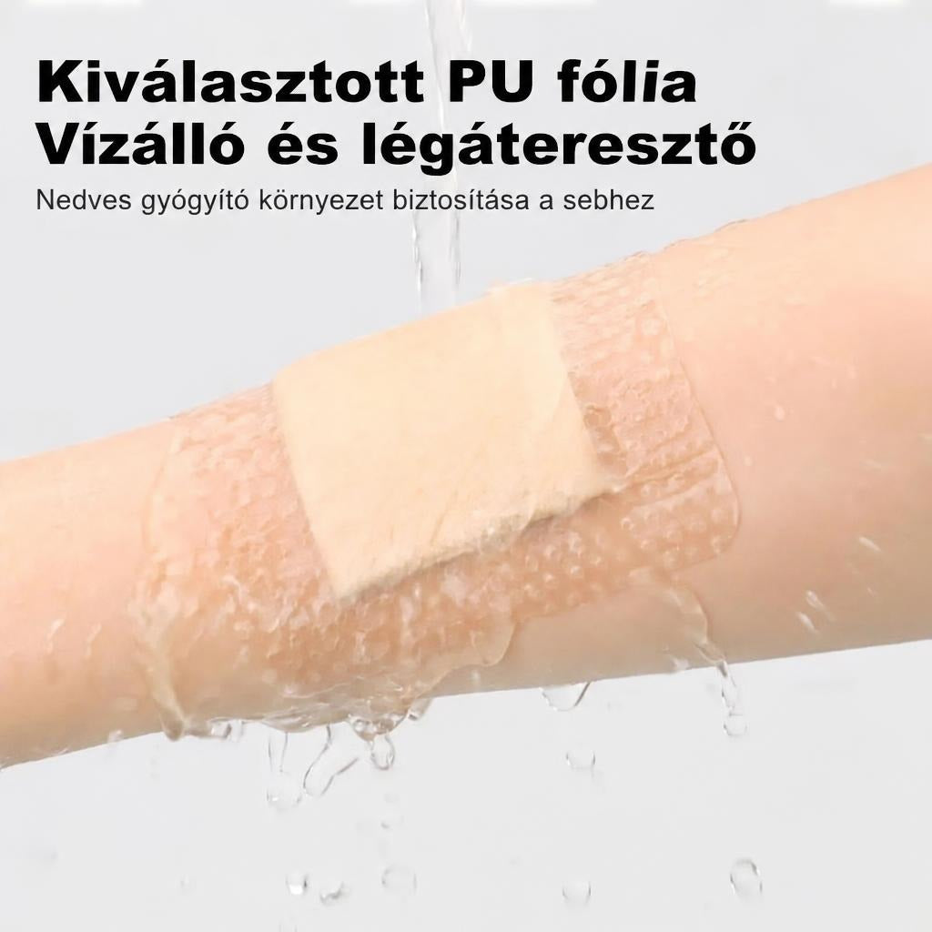 Vízálló PU fóliás sebtapasz a karon, vízsugár alatt tesztelve.