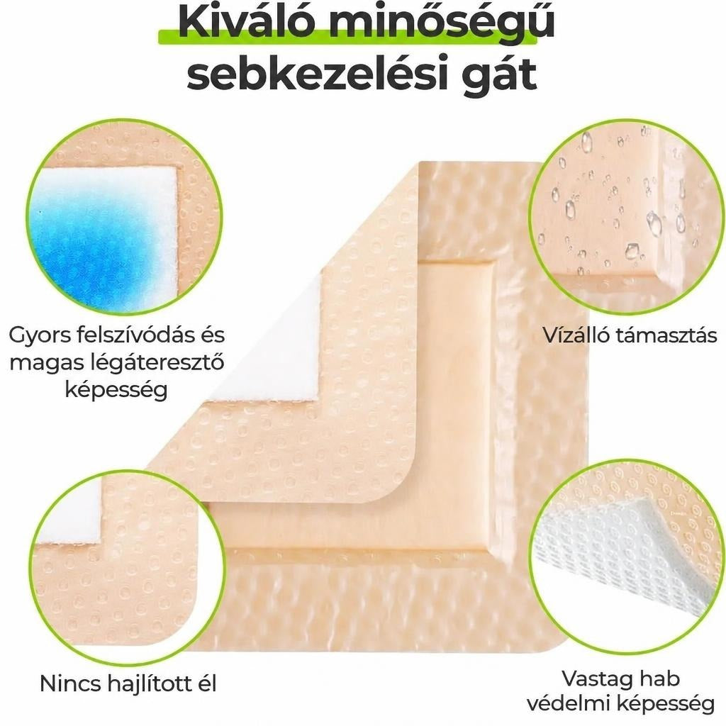 Sebkezelő kötszer rétegei és tulajdonságai, mint a vízállóság és a vastag habréteg.