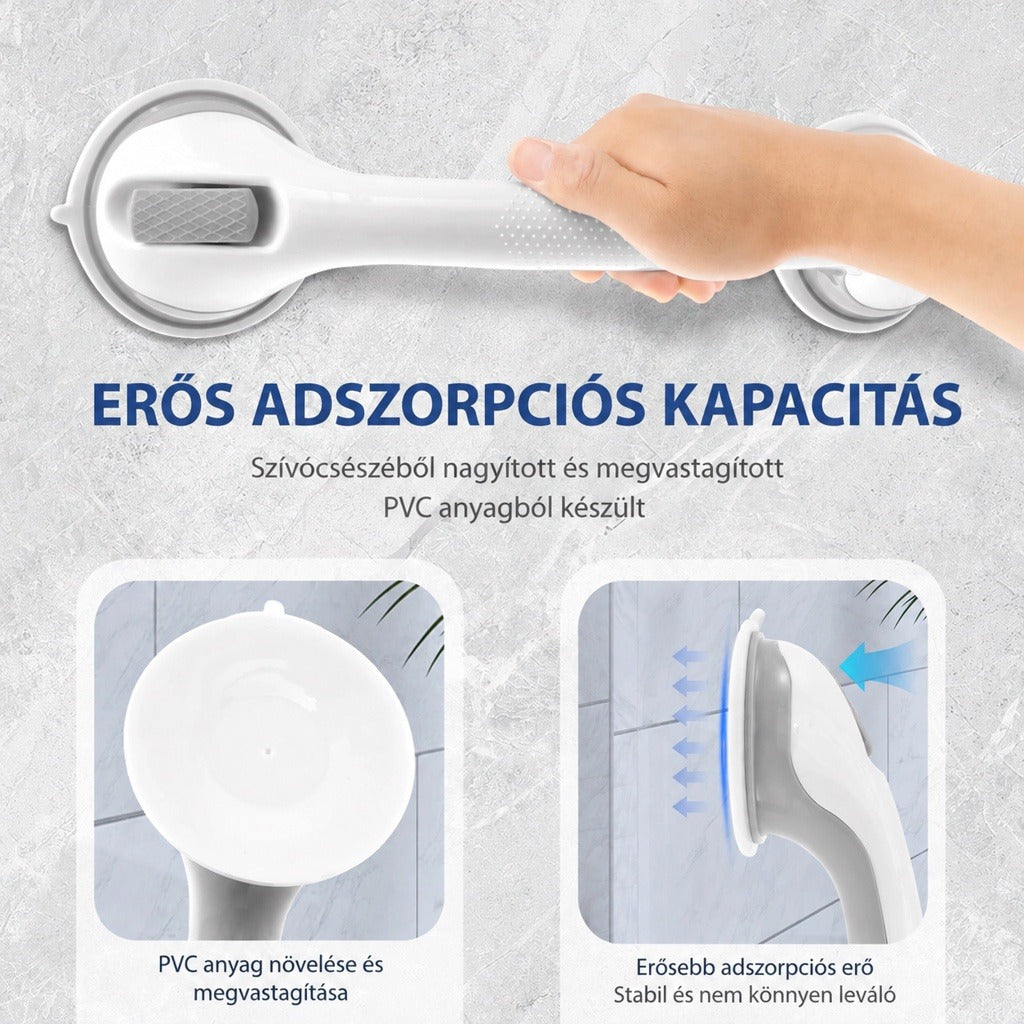 Erős tapadókorongos kapaszkodó fürdőszobába megnövelt és megvastagított PVC felülettel.