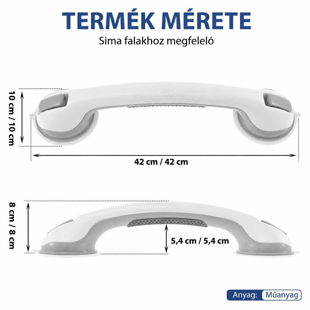 Vákuumos fürdőszobai kapaszkodó méreteit és anyagát bemutató termékfotó.