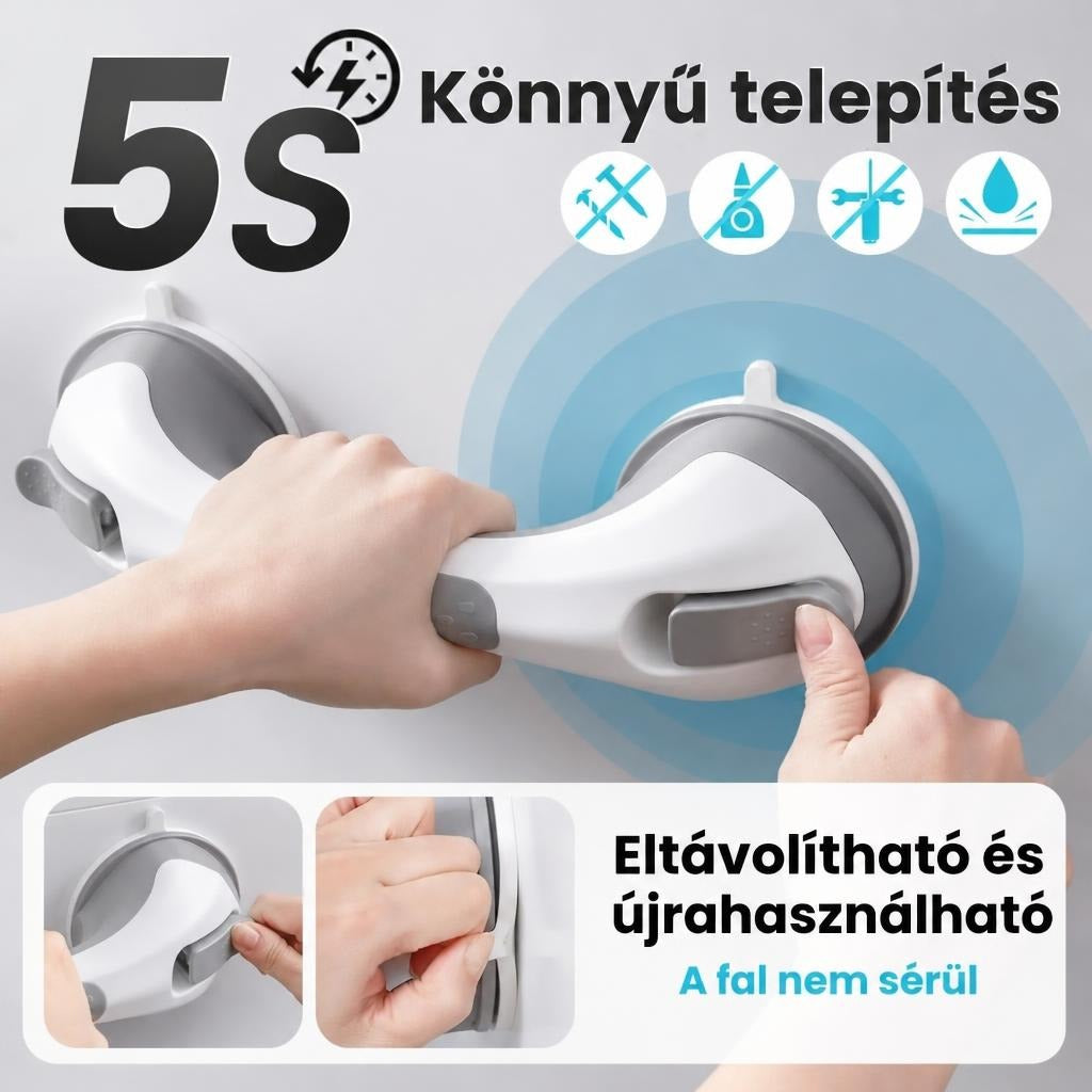 Vákuumos kapaszkodó egyszerű és nyommentes felszerelése a csempére.