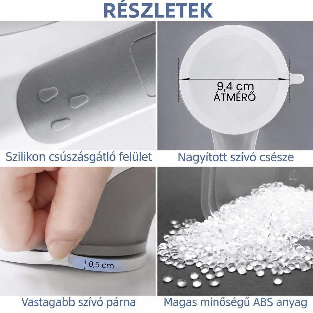 Részletfotók a kapaszkodóról: szilikon csúszásgátló felület, tapadókorong és vastag talp méretekkel.