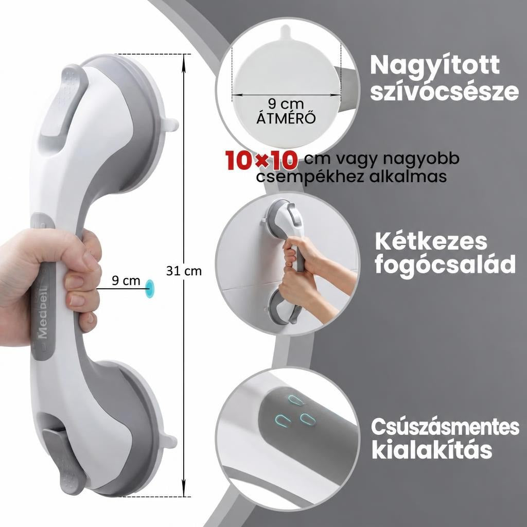 Vákuumos kapaszkodó méretei és tulajdonságai, mint a nagy szívókorong és csúszásmentes fogórész.