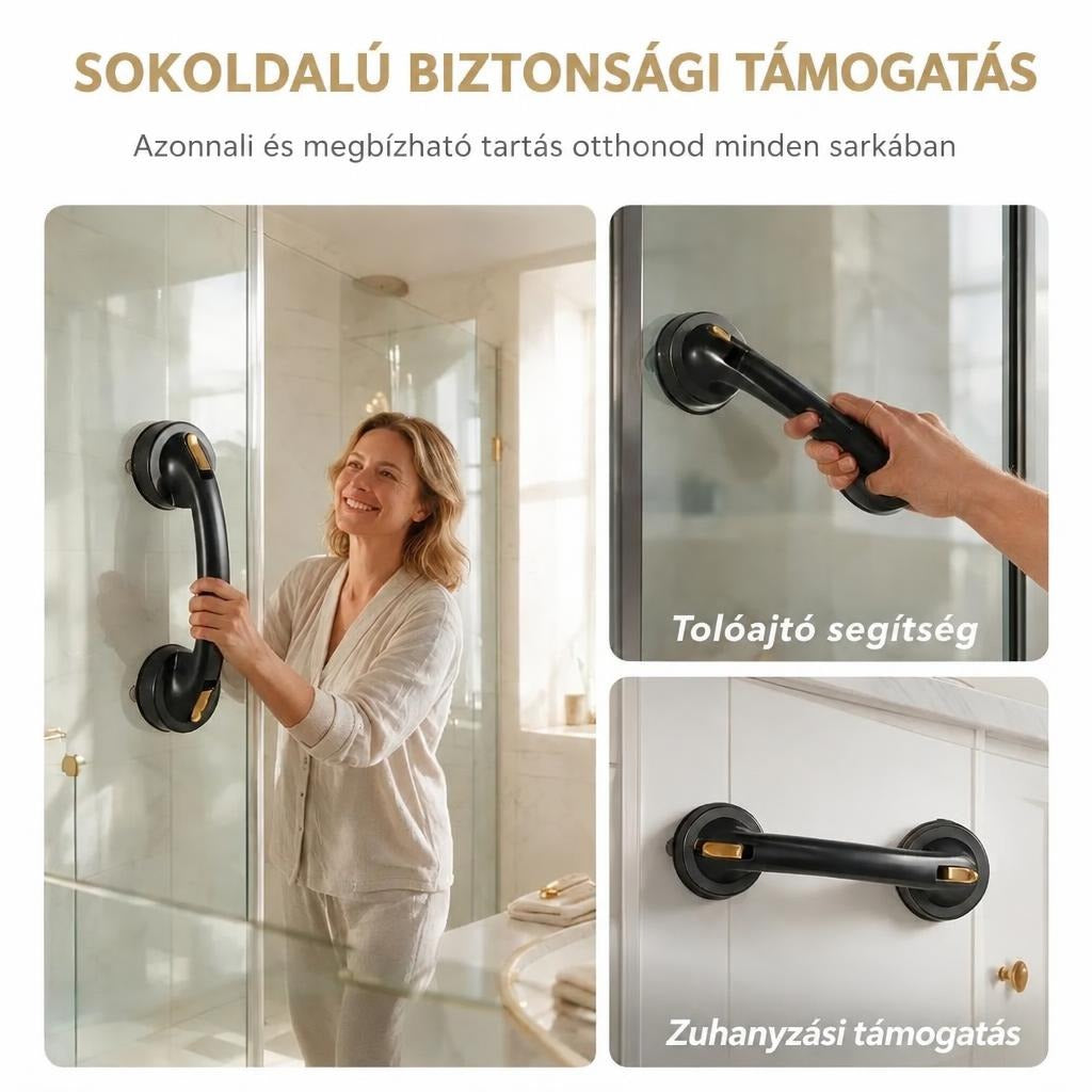 Fekete tapadókorongos biztonsági kapaszkodó fürdőszobai és otthoni használatra, különféle felületeken.