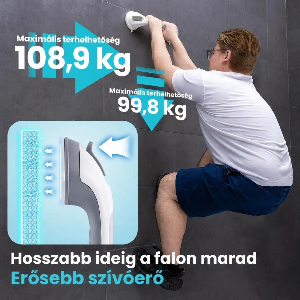 Fali kapaszkodó teherbírásának és tapadókorongos rögzítésének bemutatása.