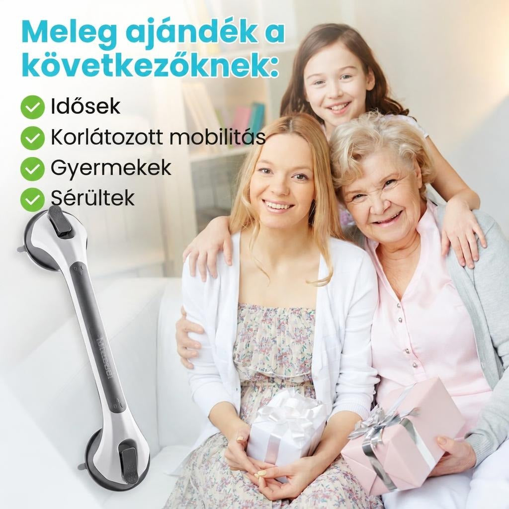 Három generációs mosolygó család ajándékokkal és egy vákuumos kapaszkodóval.