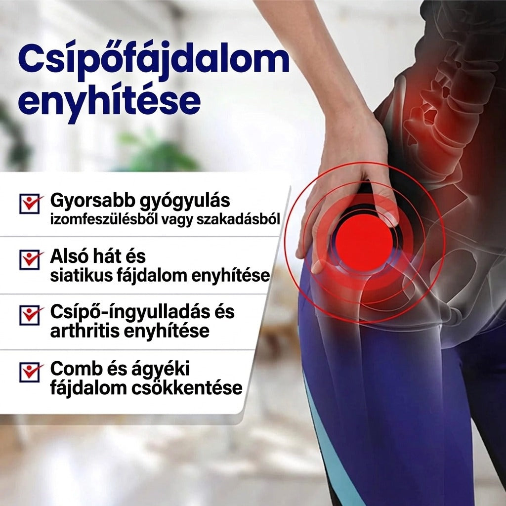 Csípőfájdalom enyhítésének előnyeit ábrázoló infografika.