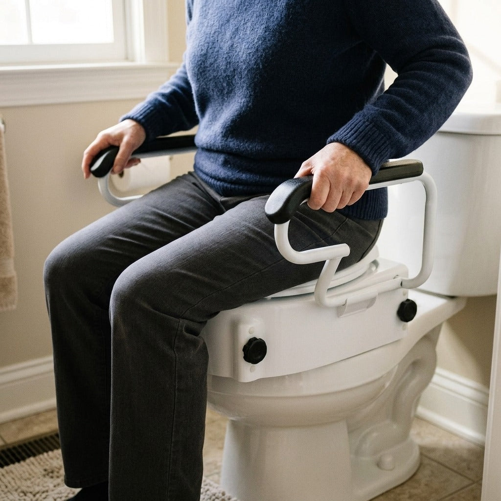Toilet Height Enhancer with Handrails - in use