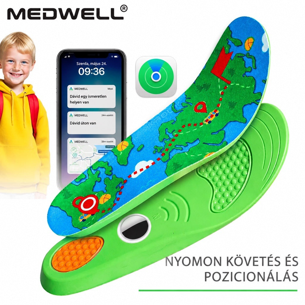 Gyermek talpbetét nyomkövető rekesszel és okostelefonos helymeghatározó funkcióval.