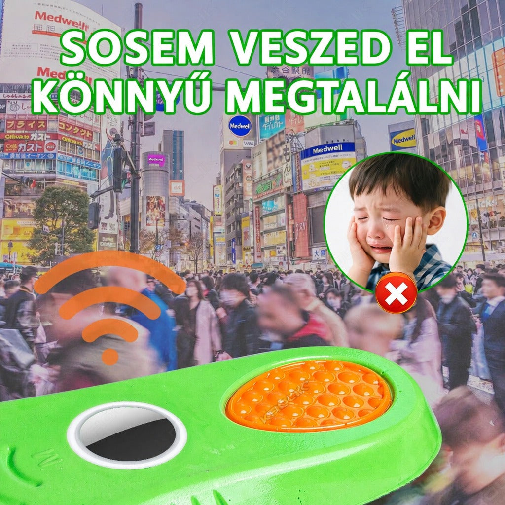 Nyomkövetős zöld talpbetét zsúfolt utcai háttér előtt egy síró kisfiú képével.