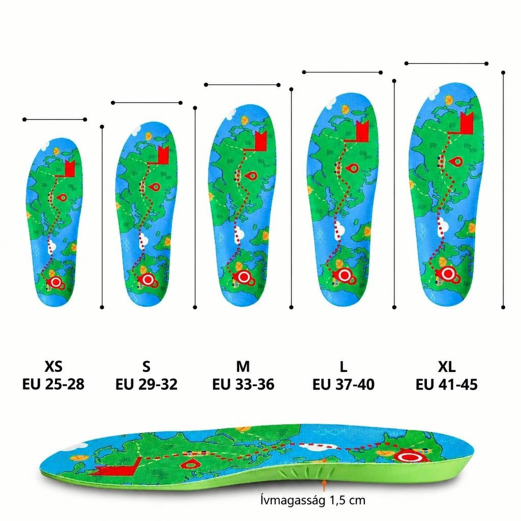 Különböző méretű, mintás talpbetétek és 1,5 cm-es ívmagasság méretezése.