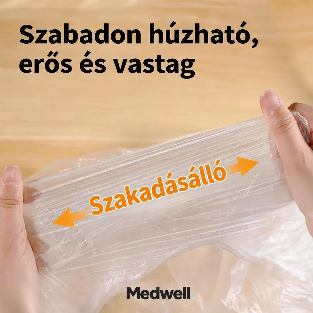 Két kézzel erősen széthúzott, vastag és szakadásálló műanyag tasak.