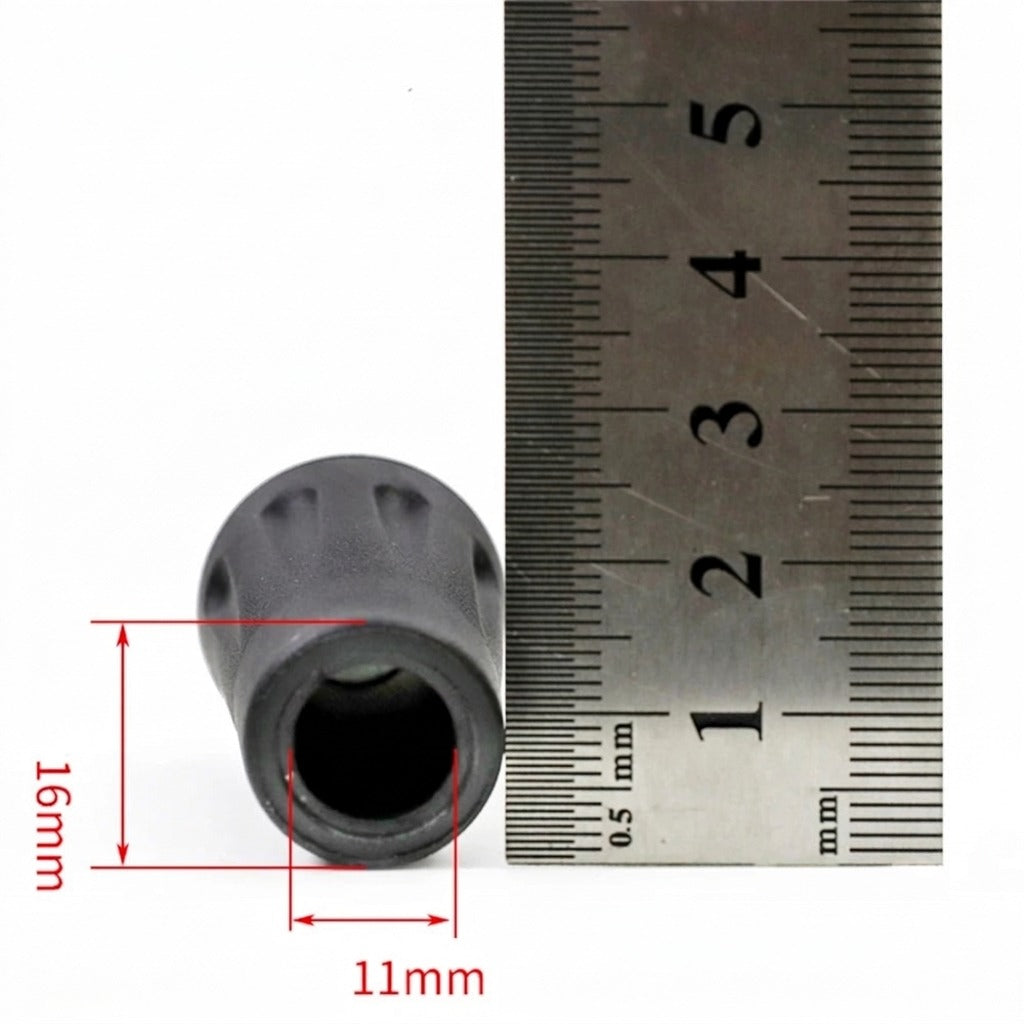 Fekete gumitalp botra 16 mm és 11 mm méretjelölésekkel egy mérővonalzó mellett.