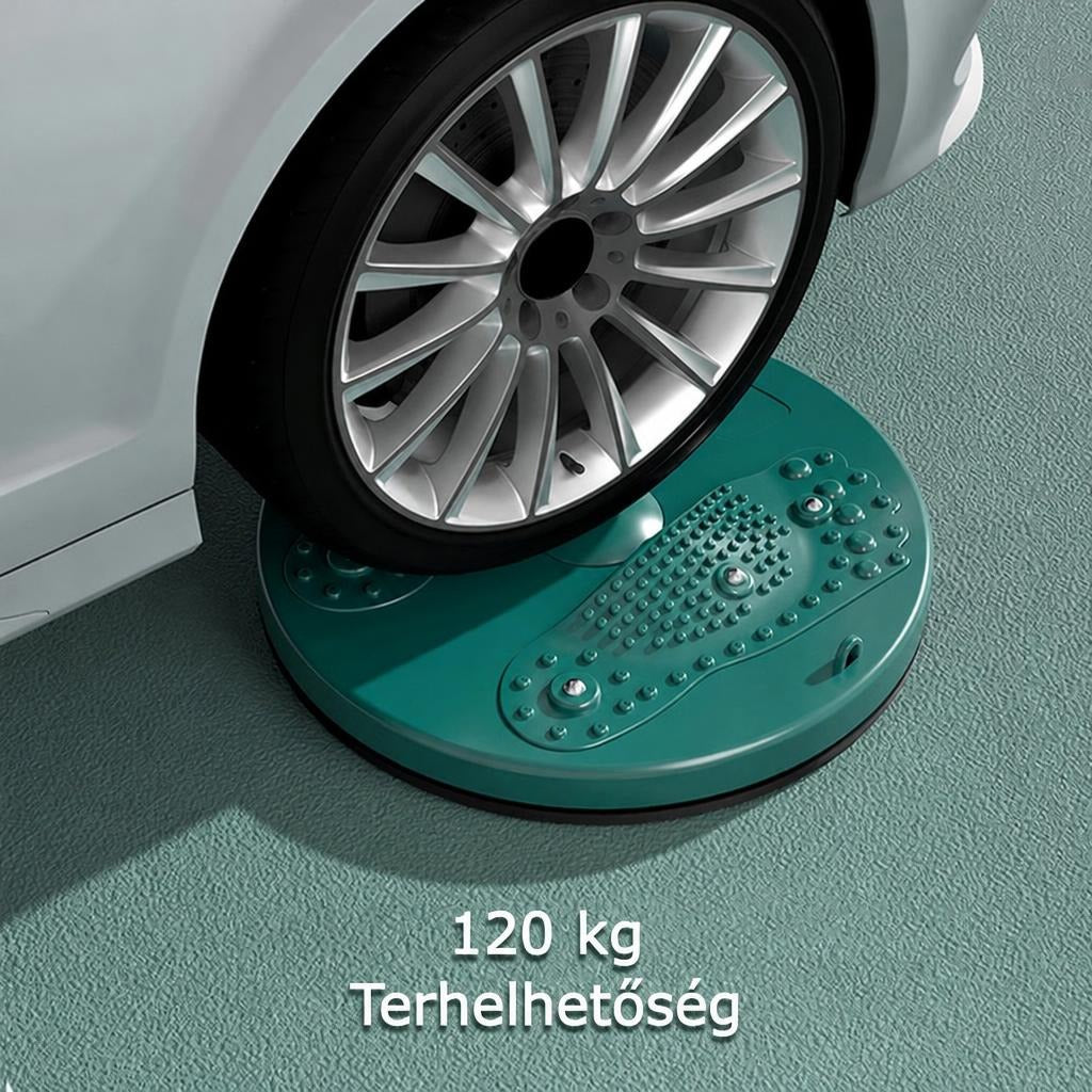 Autókerék alatt teherbírást demonstráló zöld forgó masszázskorong 120 kg-os teherbírással.