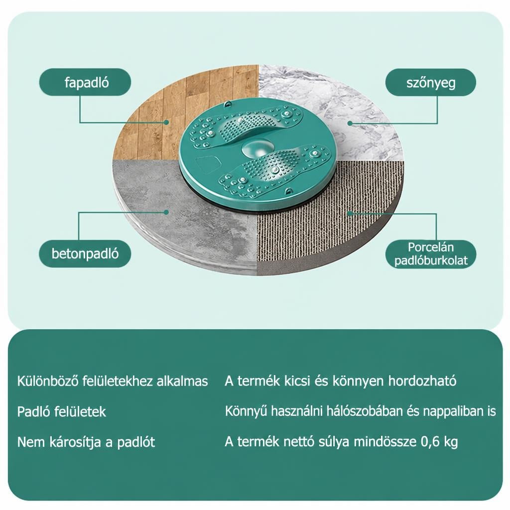 Zöld forgó fitnesz korong különféle padlótípusokon és a termék tulajdonságainak leírása.