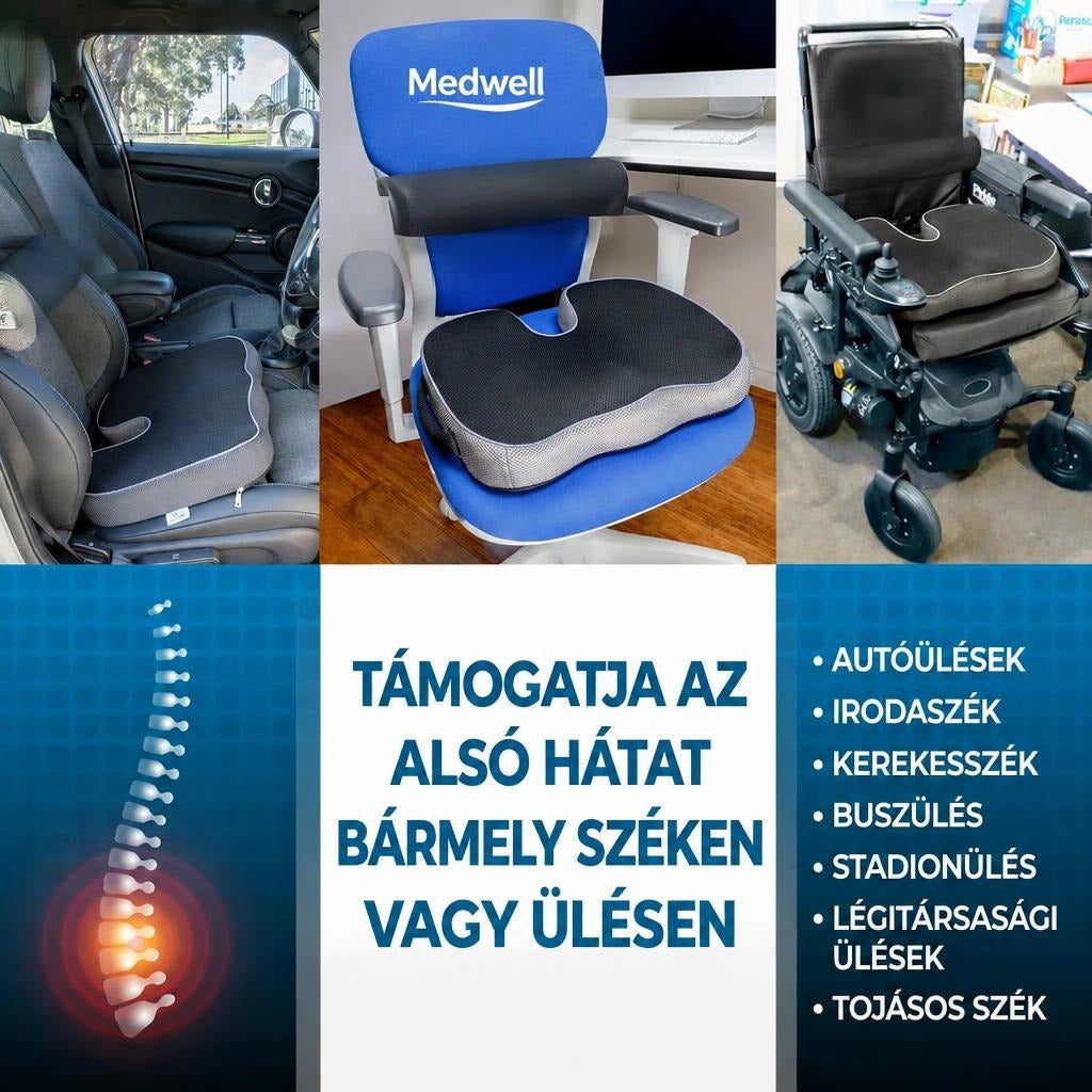 Ergonomikus ülőpárna autóülésen, irodaszéken és kerekesszéken bemutatva gerinctámasztó funkcióval.