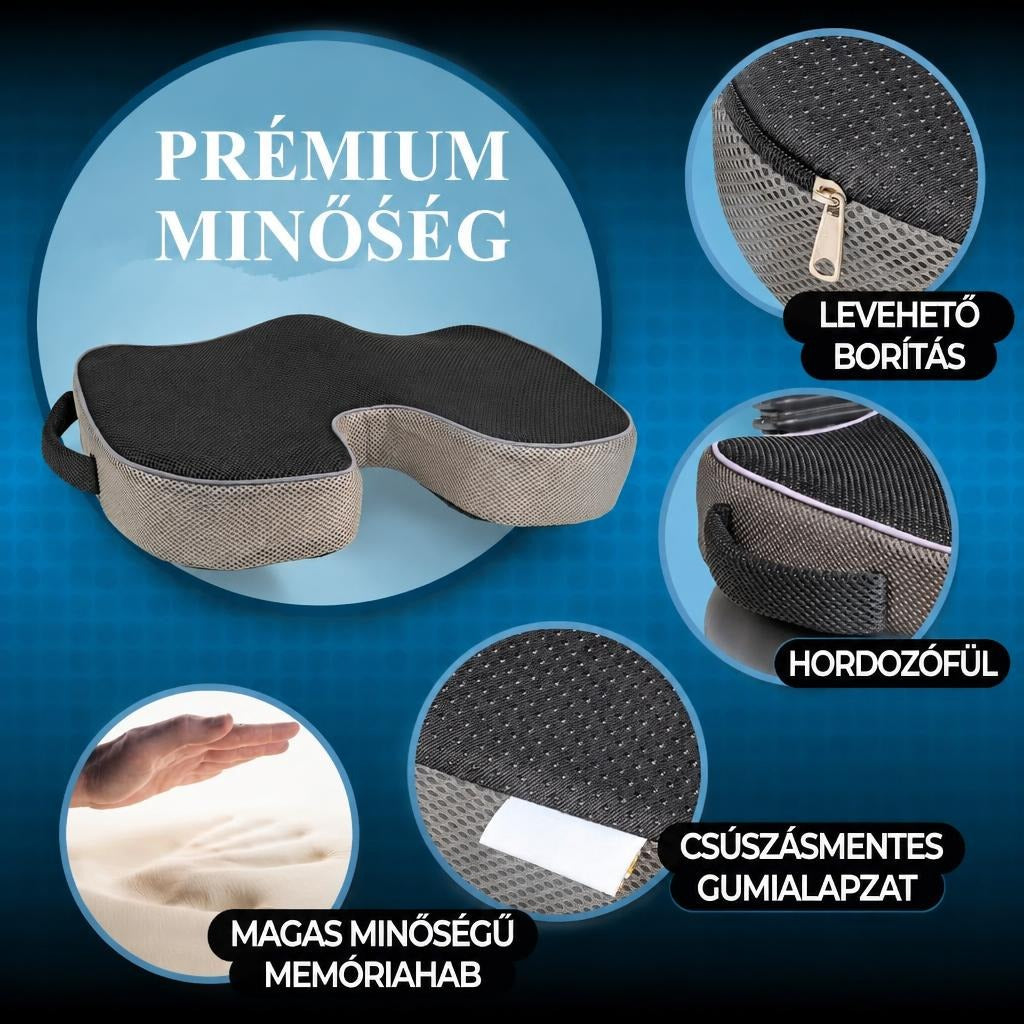 Prémium minőségű ergonomikus ülőpárna memóriahabbal és csúszásmentes alappal.