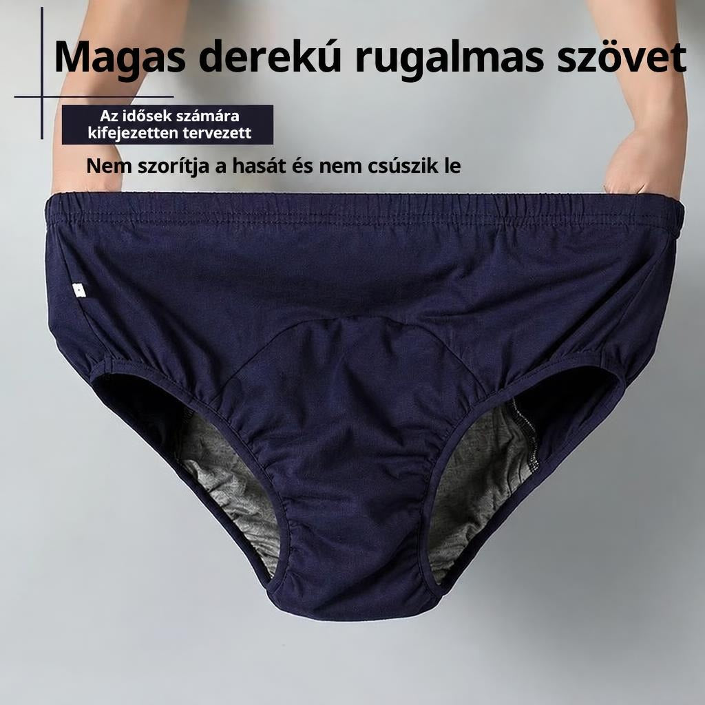 Magas derekú, rugalmas sötétkék alsónemű idősek számára kényelmes kialakítással.