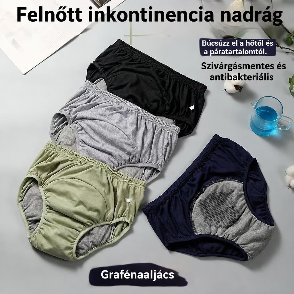Többféle színű felnőtt inkontinencia nadrág kiterítve.