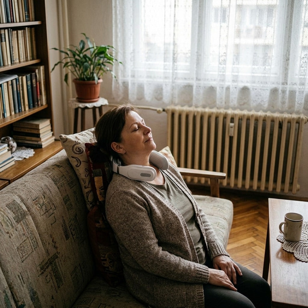 USB-ről tölthető, melegítő nyakmasszírozó - a mindennapokban