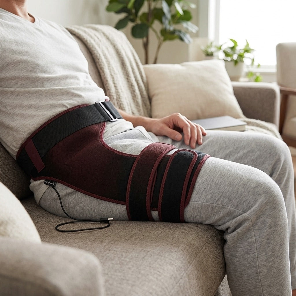 USB Heated Hip Support Brace with 3 Heat Levels - in use