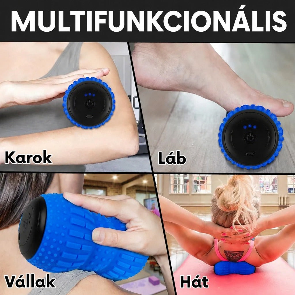 Multifunkcionális vibrációs masszázshenger használata a karon, lábon, vállon és háton.