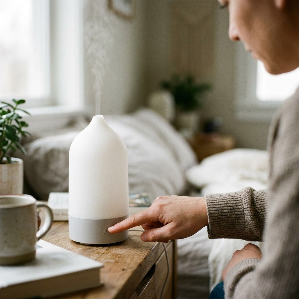 USB Ultrasonic Aroma Diffuser with 7-Colour LED Light - in use