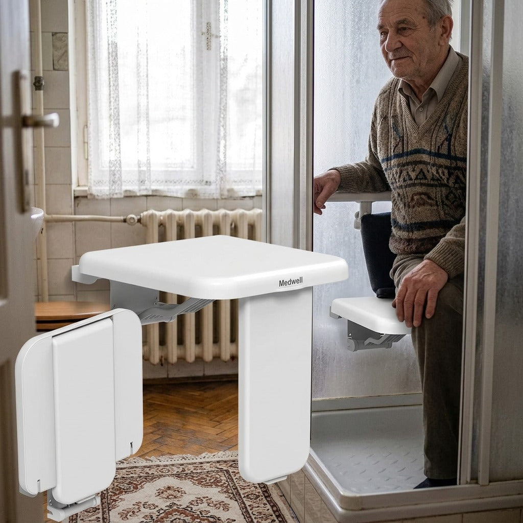 Falra szerelhető, lehajtható zuhanyülőke a fürdőszobába - használat közben