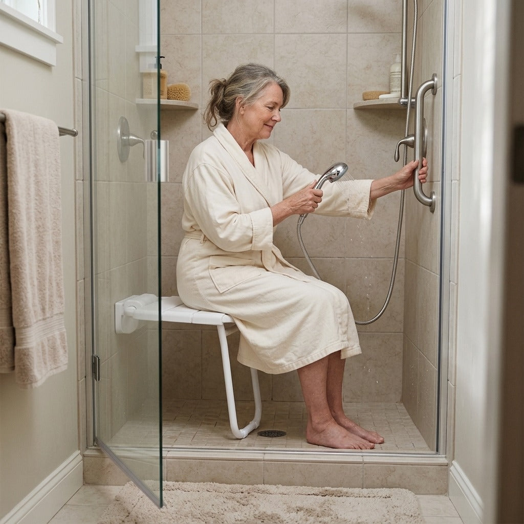 Wall-Mounted Folding Shower Seat with Legs - in everyday life