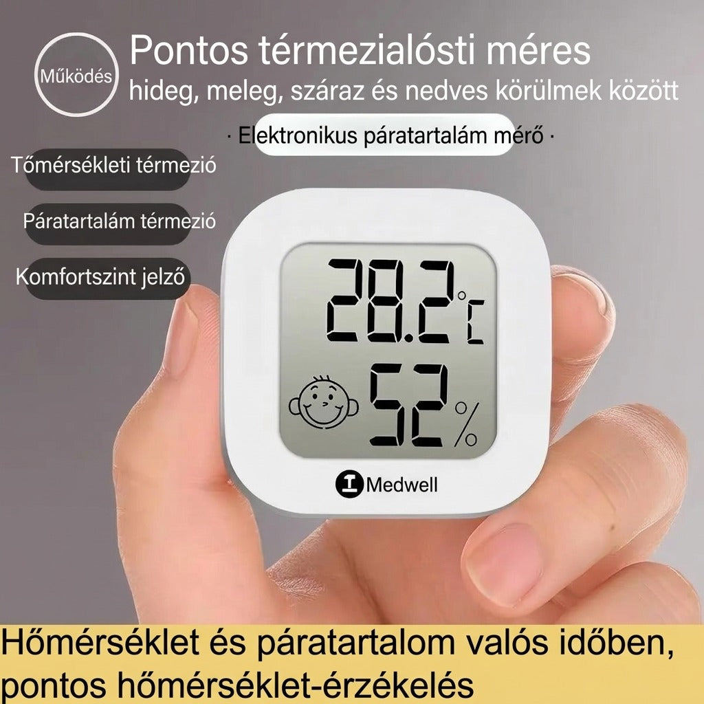 Kézben tartott Medwell digitális hőmérséklet- és páratartalom-mérő készülék.