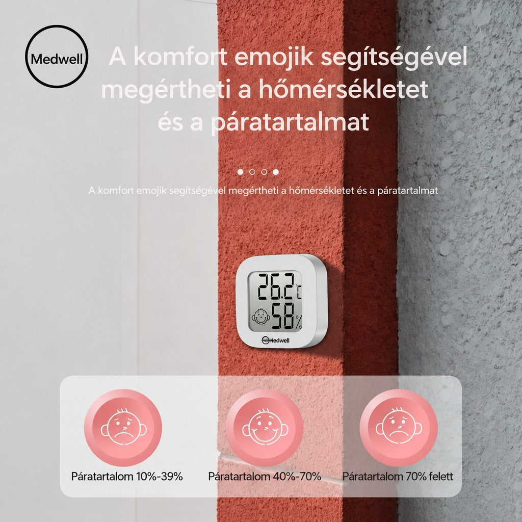 Falra szerelt digitális hő- és páratartalommérő három komfortszinttel és emojikkal.