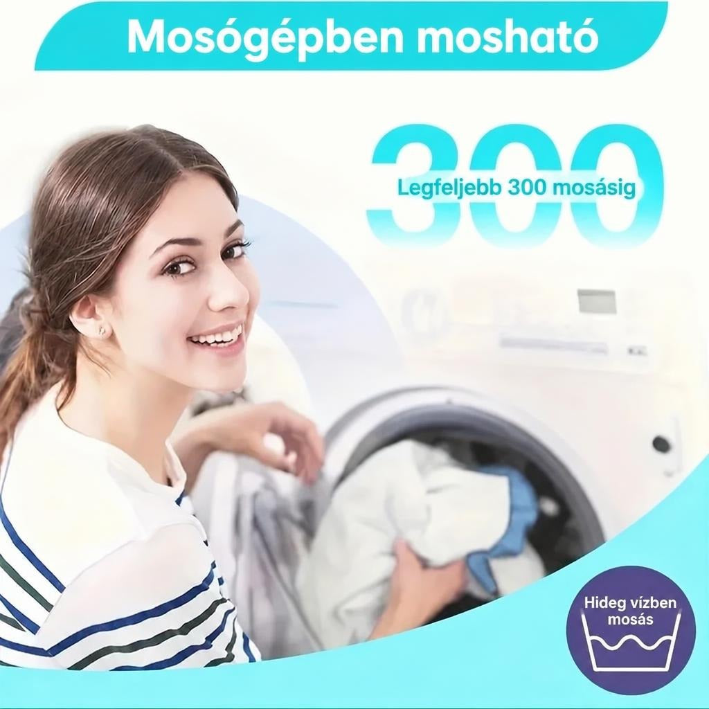 Mosógépbe pakoló mosolygó nő, mosógépben mosható és hideg vizes mosás jelzéssel.