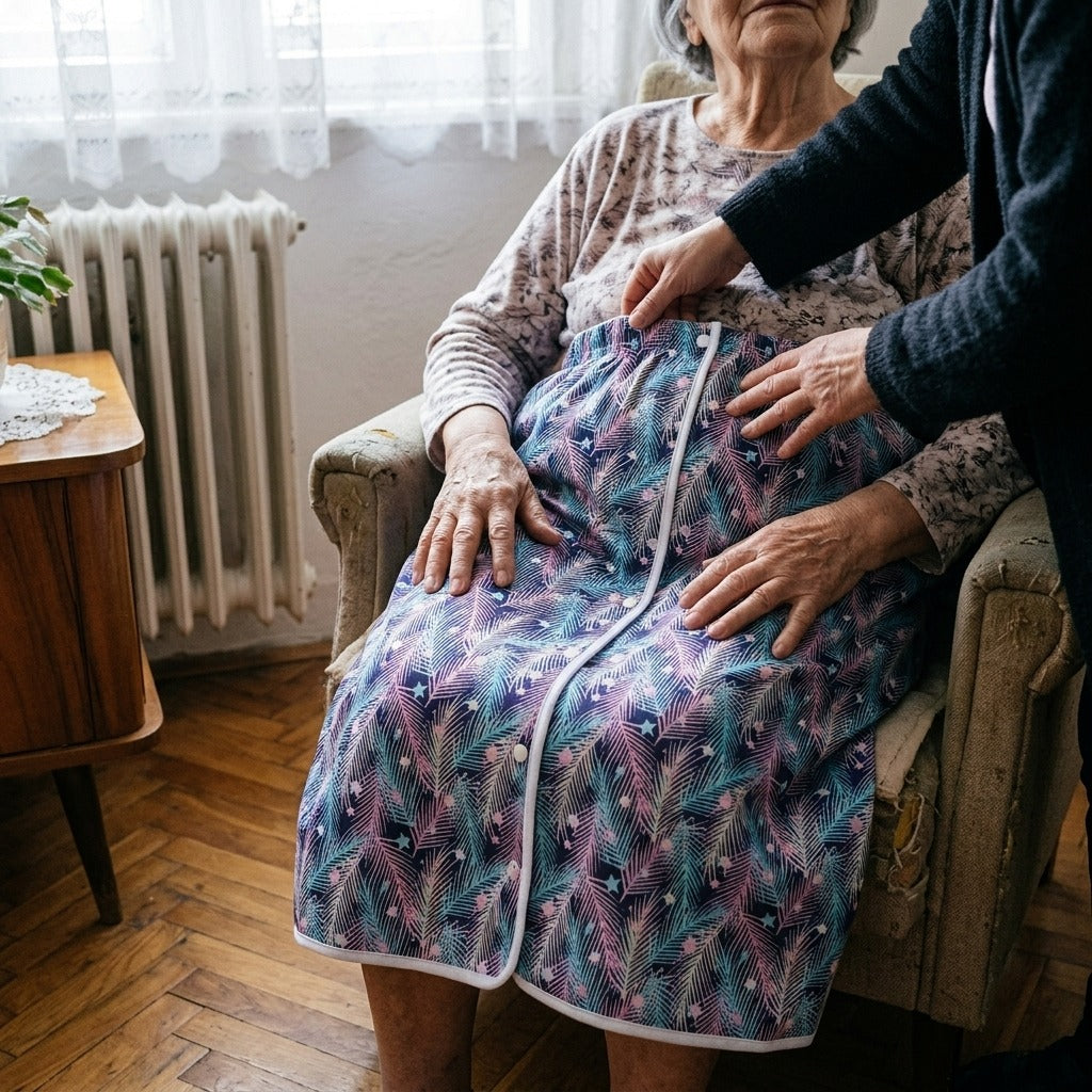 Mosható, vízhatlan felnőtt pelenkaszoknya, XXL–XXXL - használat közben