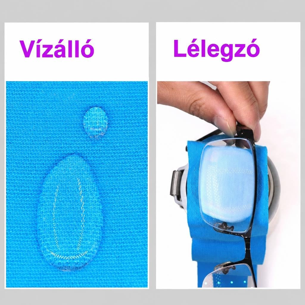 Kék vízálló és lélegző anyag bemutatása vízcseppel és szemüveges teszttel.