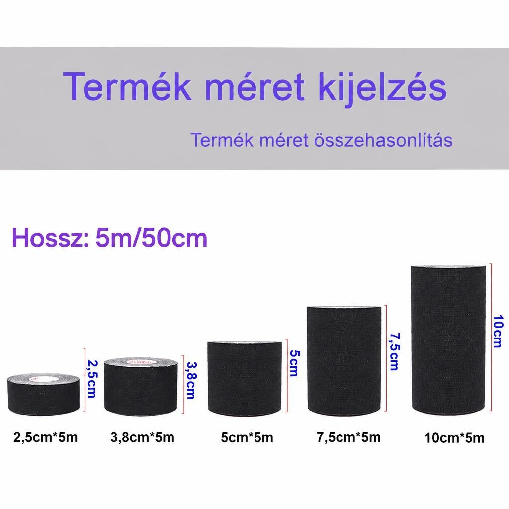 Különböző szélességű fekete kineziológiai szalagok méret-összehasonlítása.