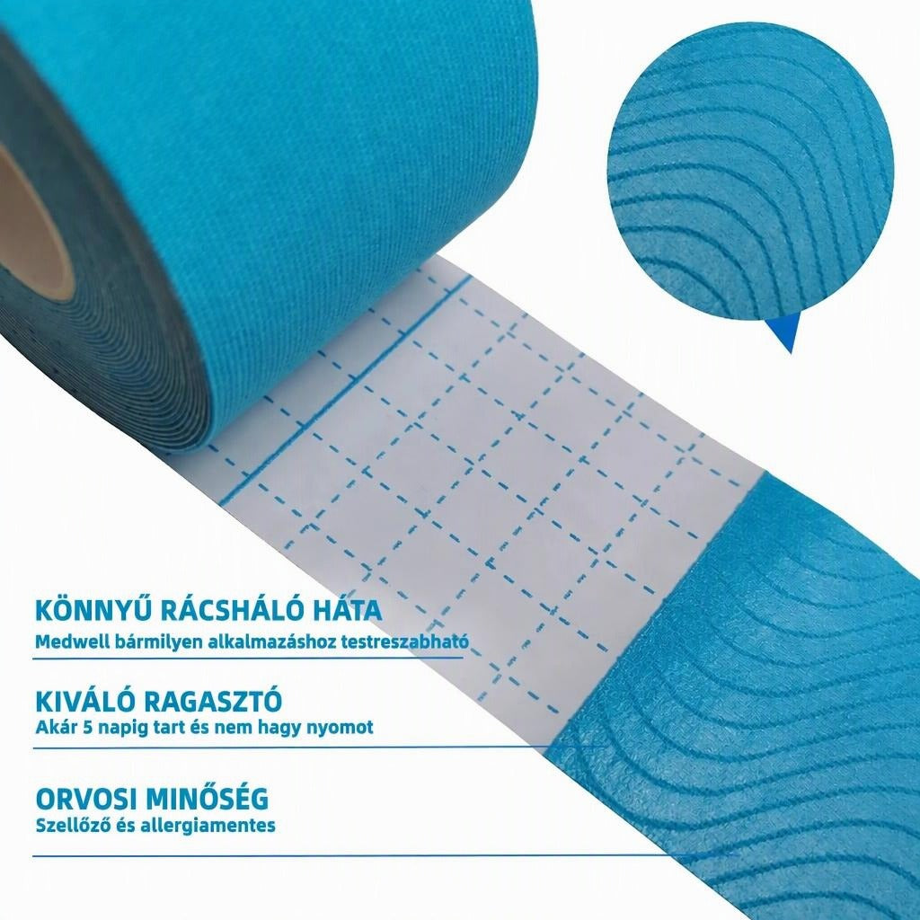 Kék kineziológiai szalag rácsos védőfóliával és hullámos ragasztófelülettel.