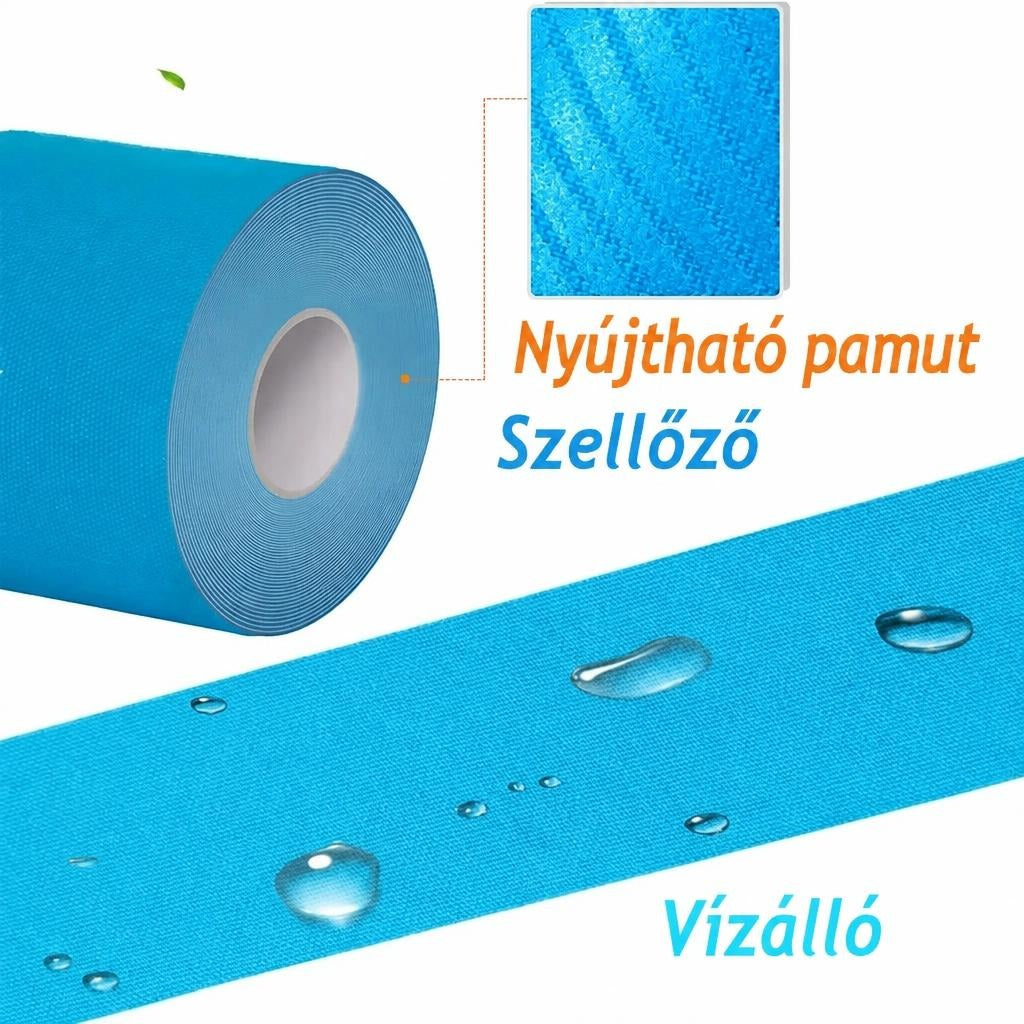 Kék kineziológiai szalag nyújtható, szellőző és vízálló tulajdonságokkal.