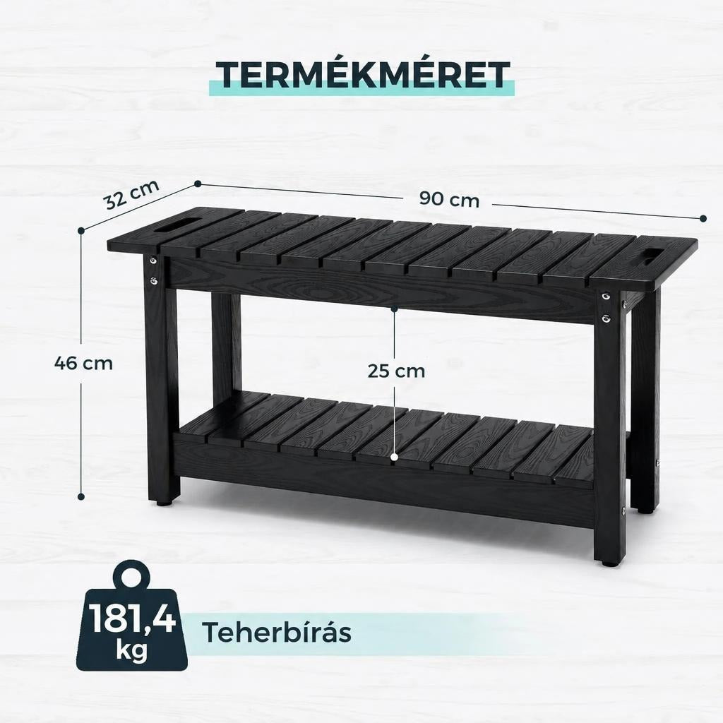 Fekete kétszintes kerti pad méretei és 181,4 kg-os teherbírása.