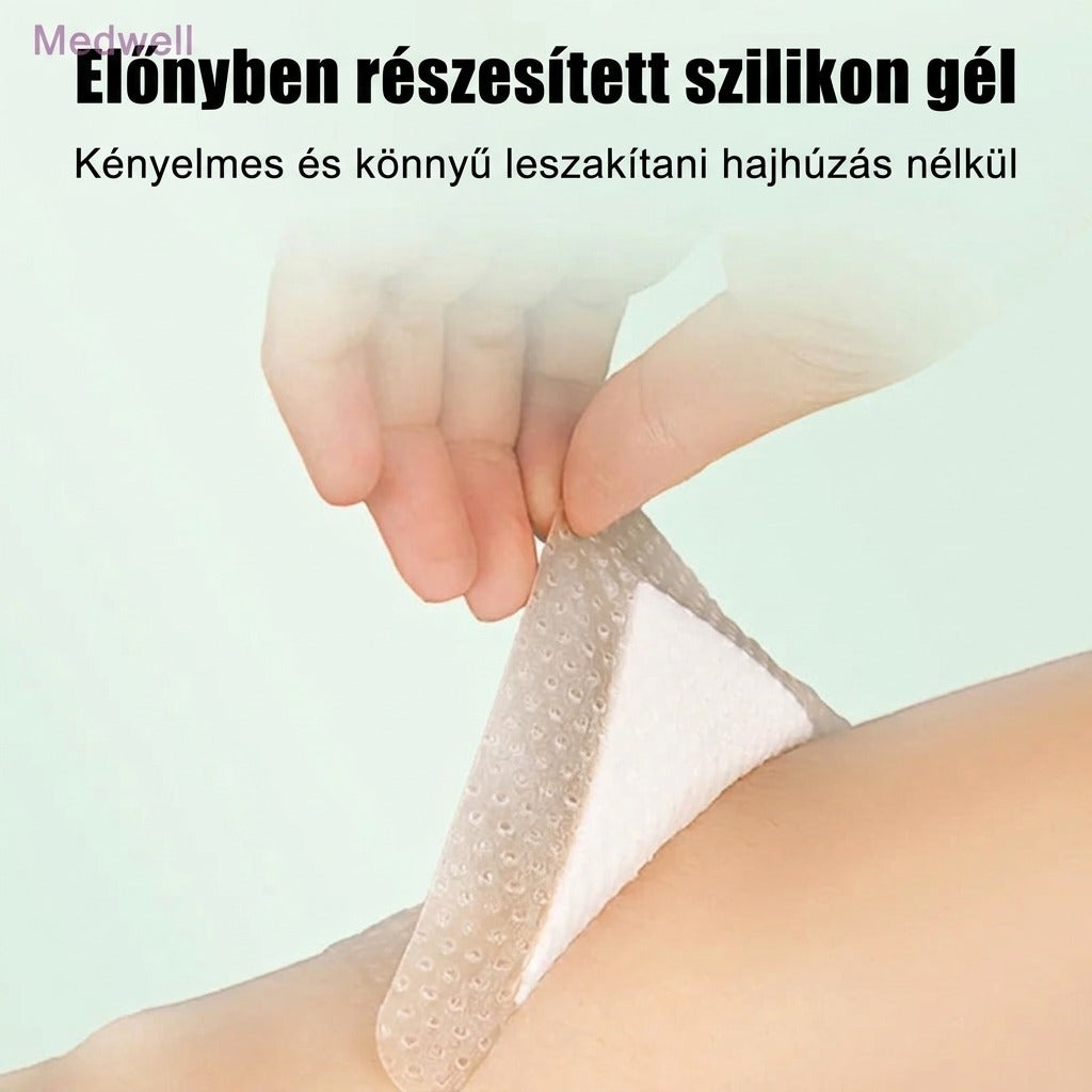 Bőrről kíméletesen lehúzható szilikon géles sebtapasz használat közben.
