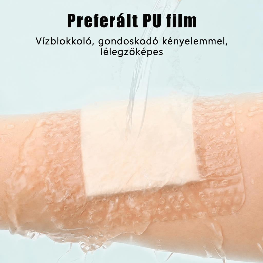 Vízálló, lélegző PU sebtapasz bőrön, vízsugár alatt bemutatva.