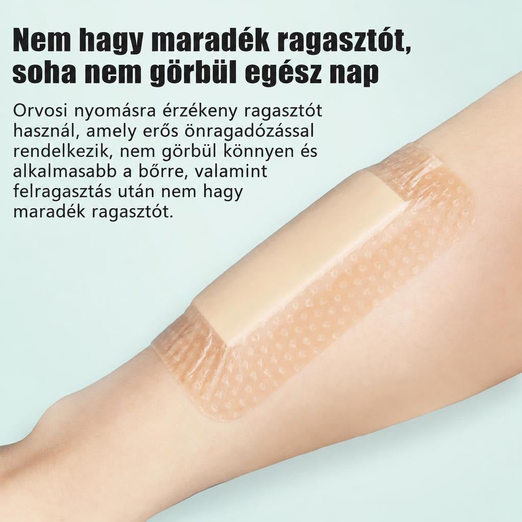Bőrre simított orvosi ragtapasz karon bemutatva.
