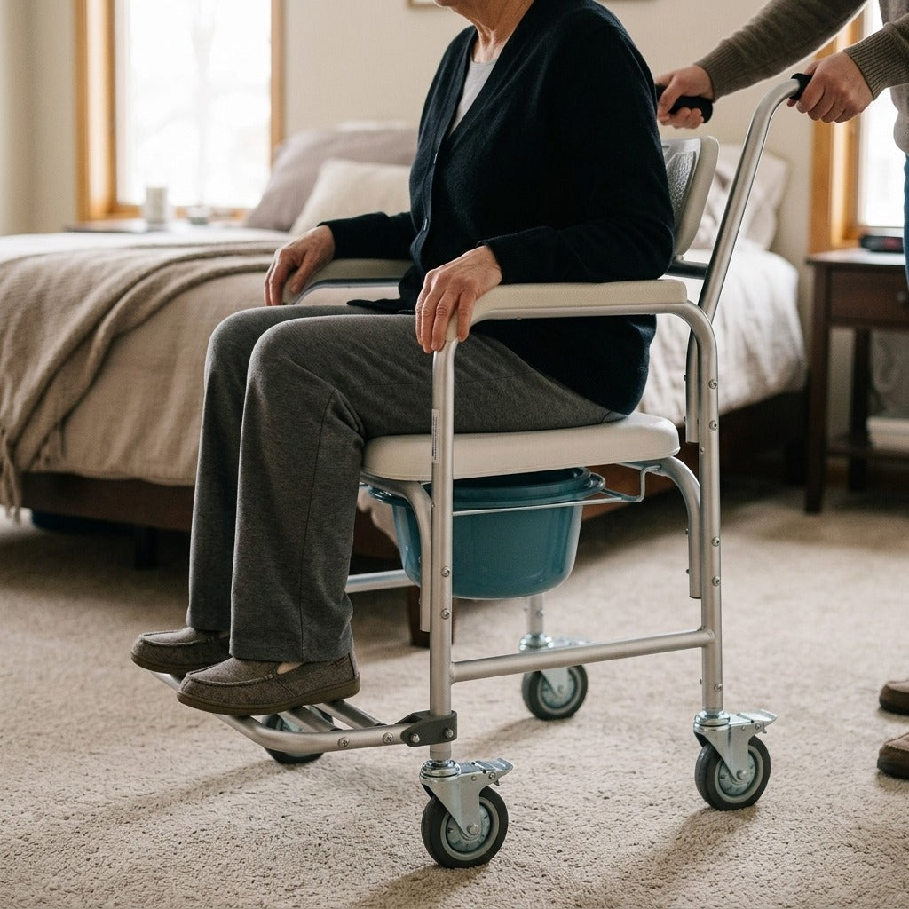 Wheeled Bedside Commode Chair with Padded Seat - in use