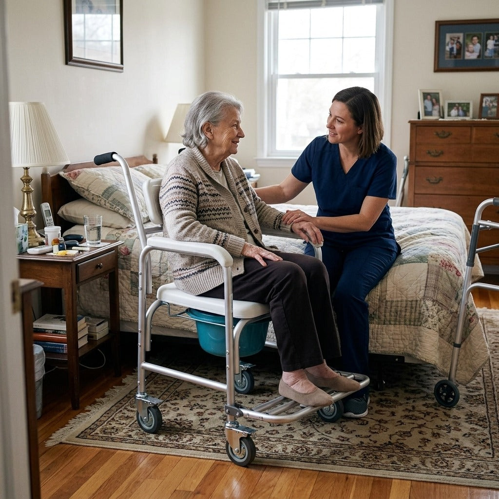 Wheeled Bedside Commode Chair with Padded Seat - in everyday life