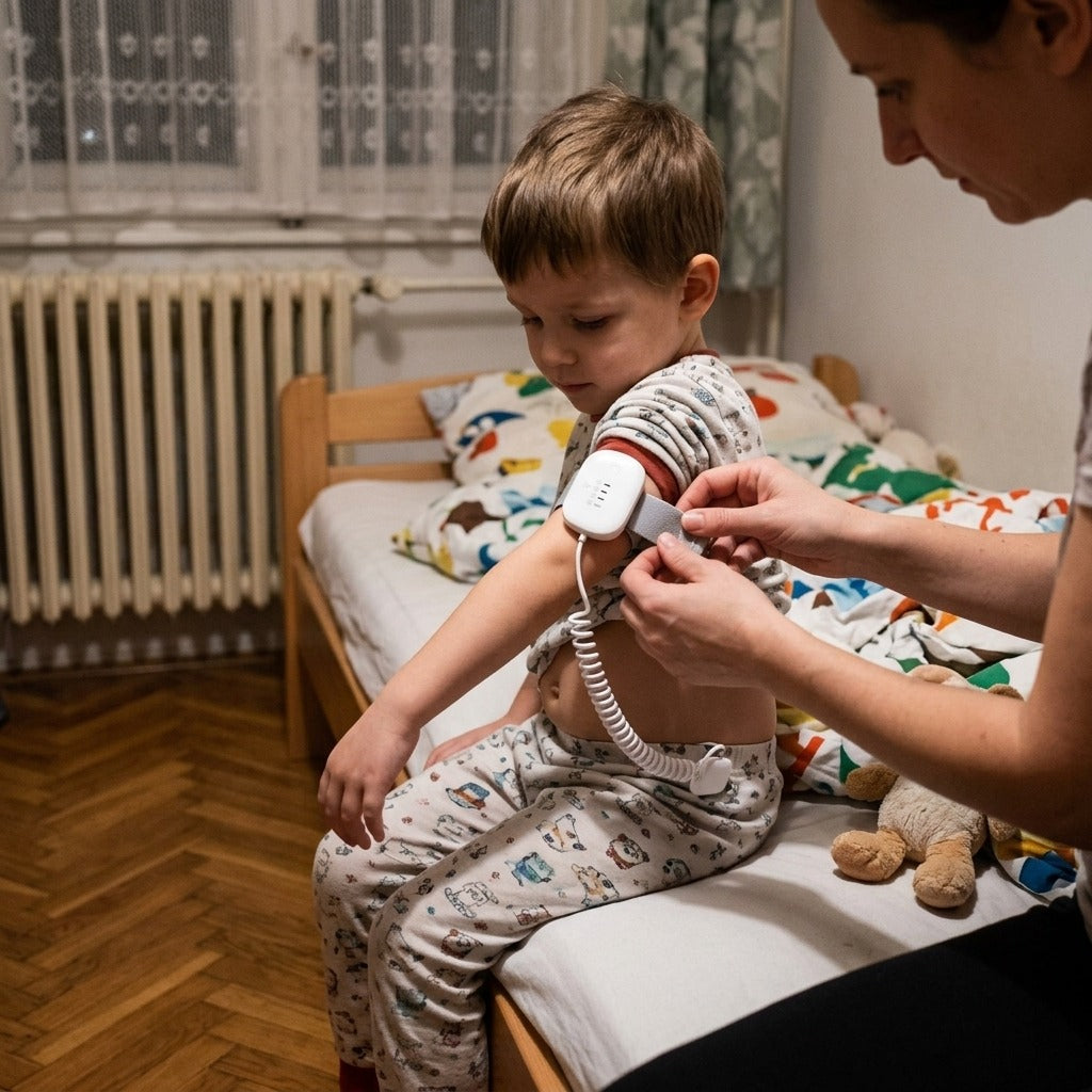 Vezetékes bepisilésjelző három riasztási móddal - használat közben