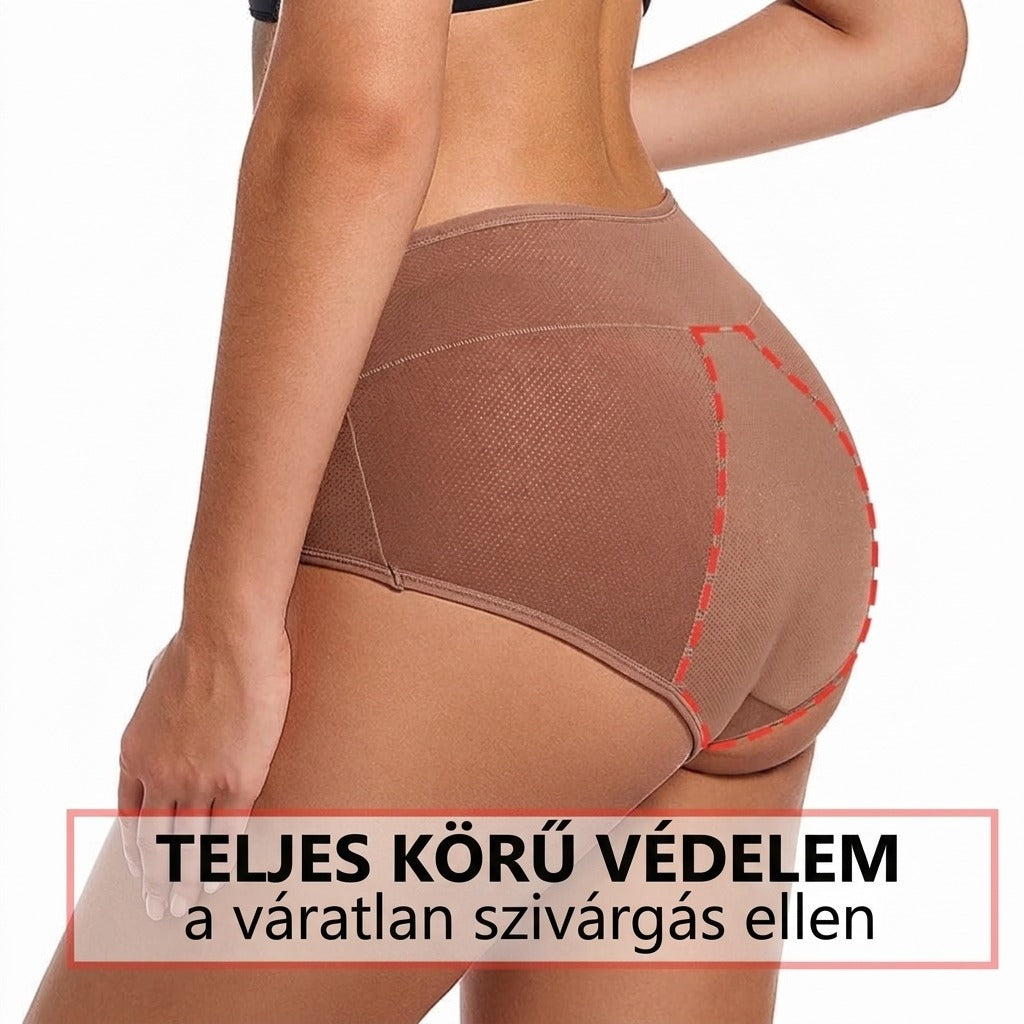 Női alak testszínű védőalsóban, kiemelt nedvszívó résszel a szivárgás elleni védelemért.