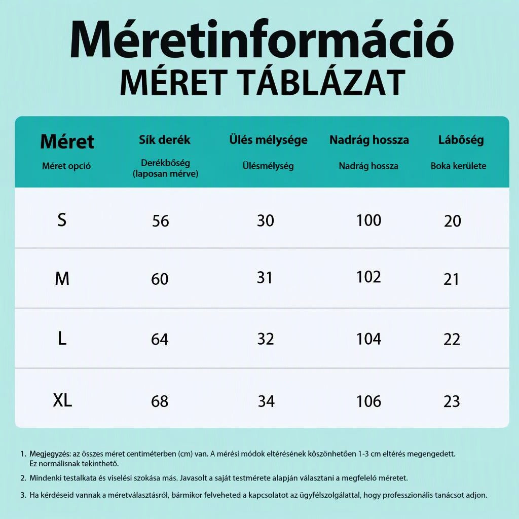 Nadrág mérettáblázat méretekkel és részletes magyarázattal