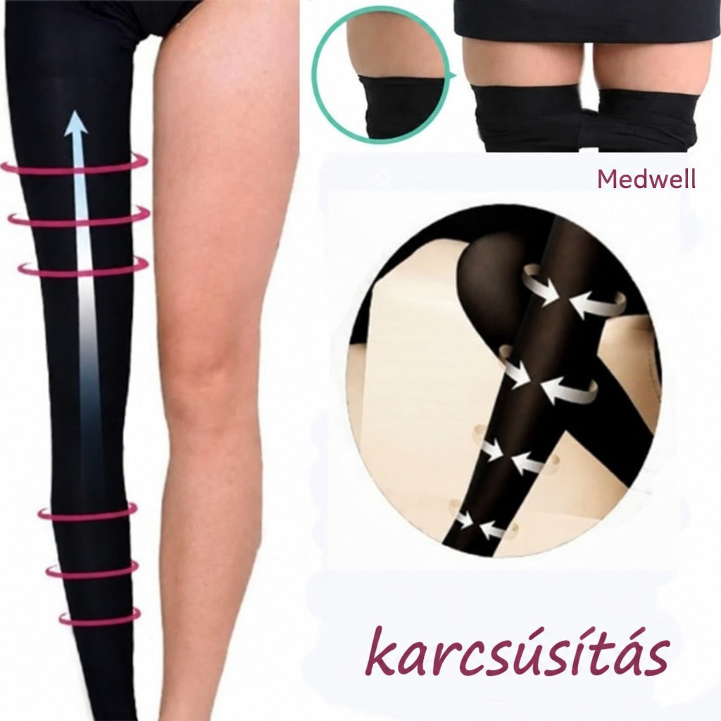 Fekete kompressziós harisnya bemutatása a láb karcsúsítására és formálására.