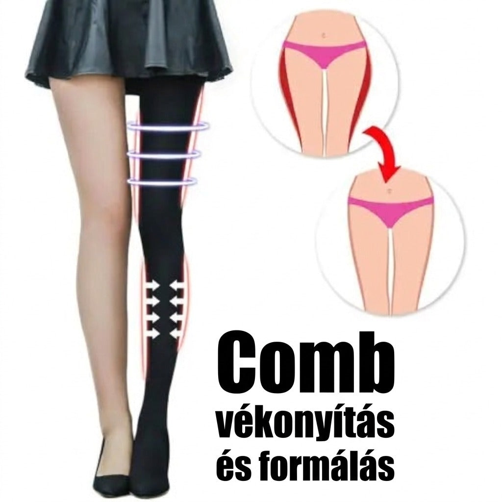 Női lábak és ábra a comb vékonyítását és formálását bemutató harisnyával.