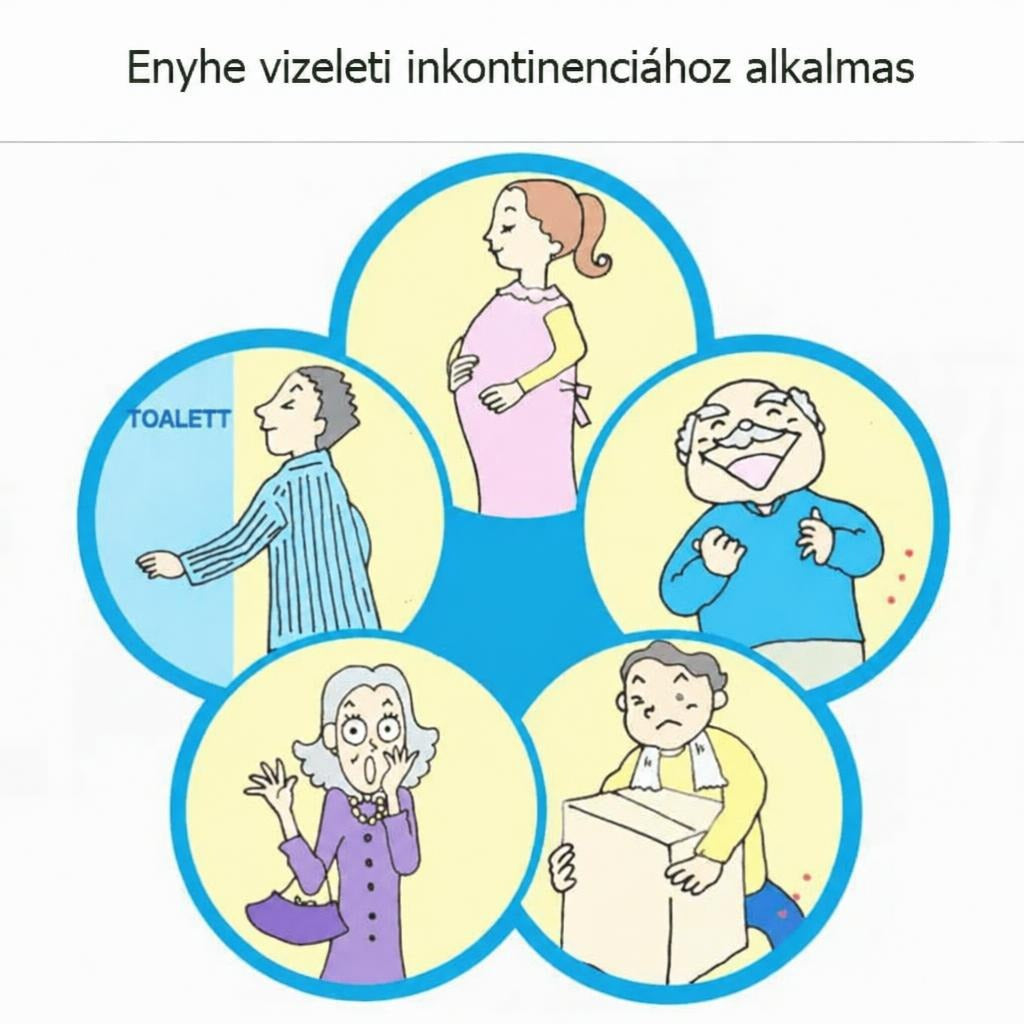 Különböző mindennapi helyzeteket ábrázoló rajzok az enyhe inkontinencia bemutatására.