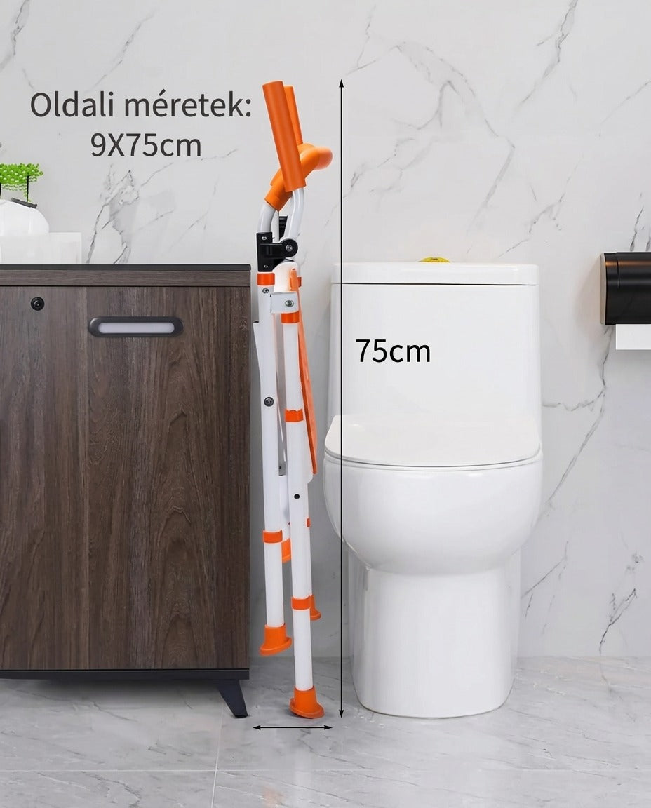 Összecsukott WC-támasz a toalett mellett feltüntetett méretekkel.